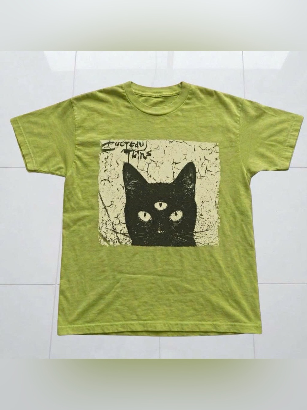 Vintage Lime Green Cocteau Twins Tee with Three-Eye Black Cat Graphic